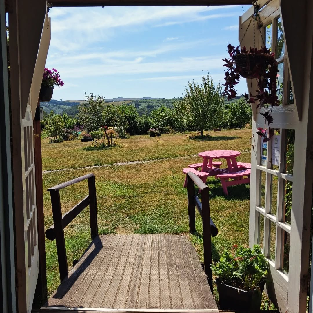 View from the entrance of Okehampton Community Garden looking out over open lawns, trees, and rolling countryside. A pink picnic table sits in the sunshine, creating a welcoming and peaceful outdoor space.