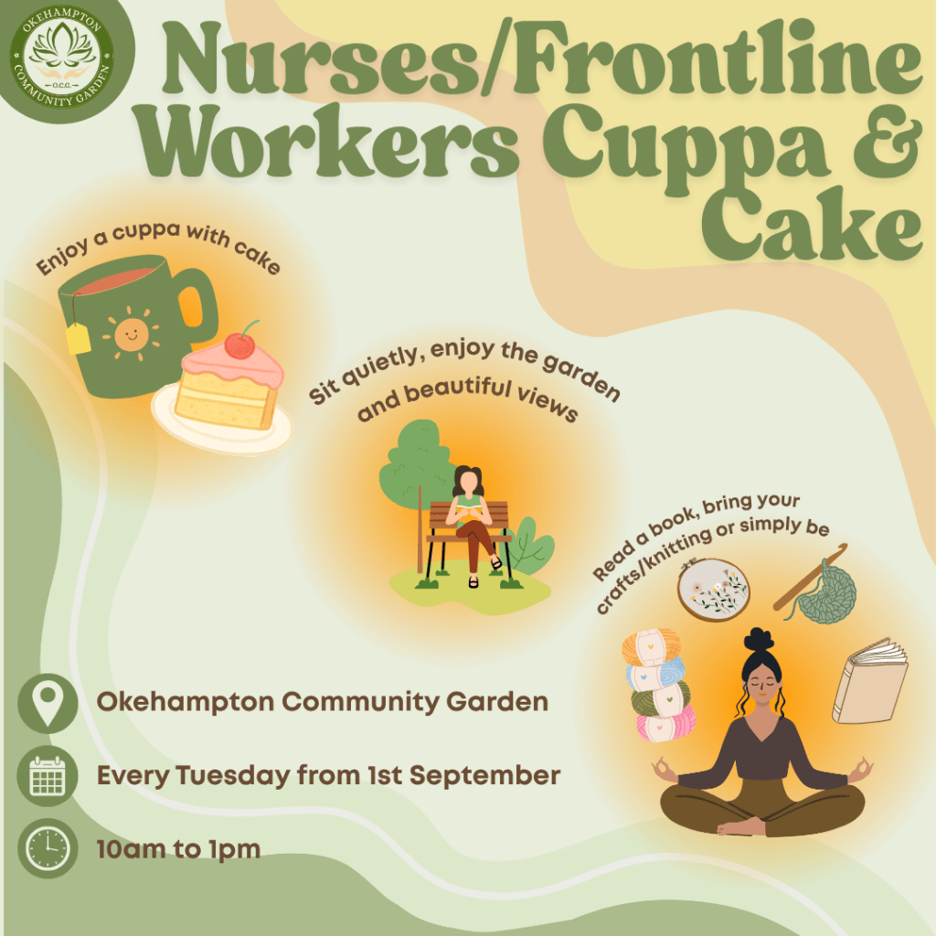 Poster of a weekly event for nurses and frontline workers, showing a cup of tea and cake, a woman sat on a garden bench, and a woman relaxing with yarn, a crochet project, a book and a needle point project around her. 